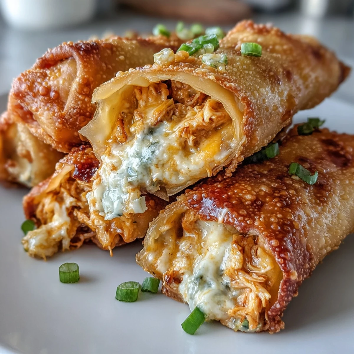 Golden brown, crispy Buffalo Chicken Dip Egg Rolls are presented on a platter with a side of creamy ranch dip.