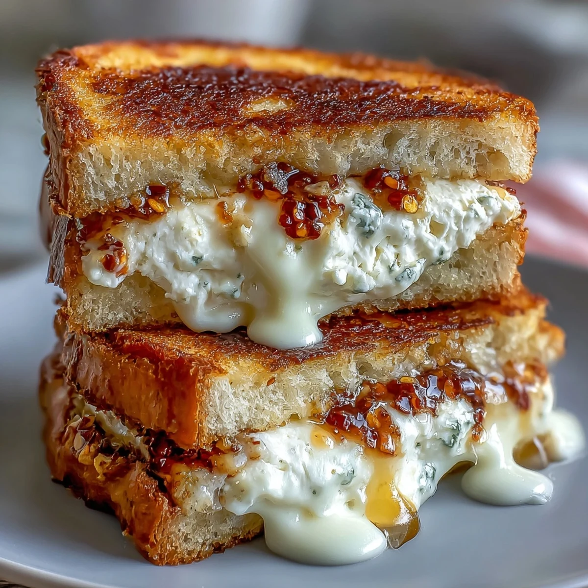 Golden-brown sourdough slices stuffed with creamy goat cheese and honey, drizzled with extra honey and chili flakes on a rustic board.