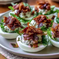 Creamy BLT deviled eggs with crispy bacon crumbles, fresh lettuce, and juicy tomatoes for a savory twist on a classic appetizer.