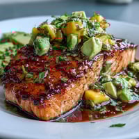 Vibrant baked salmon fillets topped with fresh mango avocado salsa for a tropical summer dinner.  