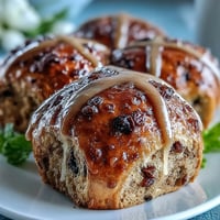 Golden hot cross buns with orange glaze, studded with currants and topped with a fragrant citrus drizzle.  