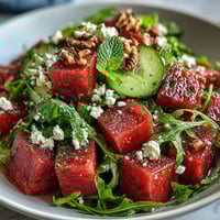 A vibrant watermelon and arugula salad with feta, mint, and a tangy lime vinaigrette for a refreshing summer meal.