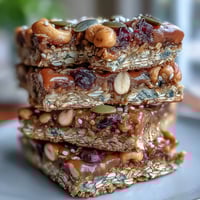 Nut-free granola bars with honey and oats in a golden, chewy bar form, packed with seeds and dried fruit for a wholesome, on-the-go snack.