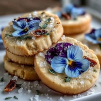 Floral shortbread cookies topped with vibrant edible flowers, a sweet spring dessert delight.