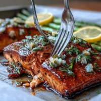 Glistening One Pan Lemon Herb Salmon with tender asparagus, a healthy weeknight delight.