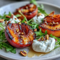 Grilled peach and burrata salad, showing caramelized fruit and creamy cheese.