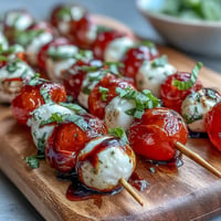 Mini Caprese skewers showcase vibrant tomatoes, mozzarella, basil, drizzled with sweet balsamic glaze.